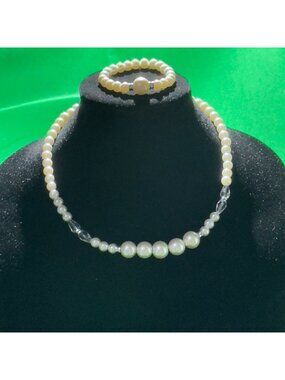 Elegant Faux Pearl Necklace & Bracelet Set w/Adjustable Chain & Crystal Accents
